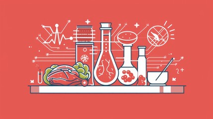 Wall Mural - Science related items on vibrant red background. Ideal for educational and scientific concepts