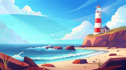 Wall Mural - Coastal lighthouse on sea coast in storm. Summer landscape of ocean coast with beacon and building on cliff. Modern illustration, seascape with nautical navigation tower.
