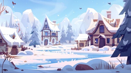 Wall Mural - Modern illustration of a cartoon winter landscape with a house and snowy fields. Flying birds, white trees in snow, and a building in a forest.