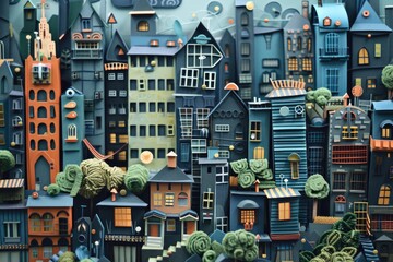 A group of paper cut buildings with trees. Ideal for architectural design projects