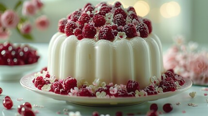 Wall Mural -   Close-up photo of cake with raspberries and white frosting on top of plate