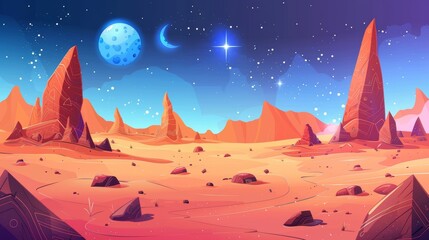 Wall Mural - in a fantasy world with mountains and rocklands. red stone ground with crater, moon and saturn, with