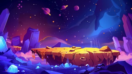Wall Mural - space game platform with stones floating in air, satellites shining in the night sky, and stars shin
