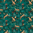 Jungle pattern. Leopard animal in tropic, african nature print with tiger or jaguar, fashion wildlife. Textile, wrapping paper, wallpaper design. Print vector seamless illustration