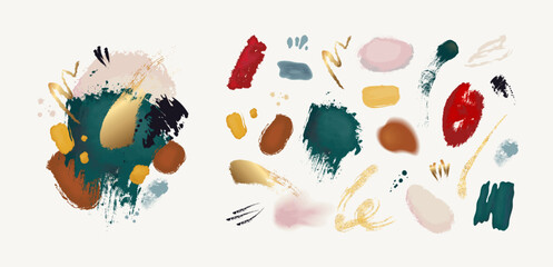 Wall Mural - watercolor shapes. abstract paintbrush elements. artistic texture with color splash. gold foil strok