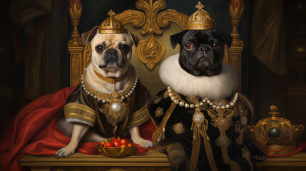 Wall Mural - Funny animals 3D portrait, Bulldog, Dog, Renaissance, Couple, Feline, King. AT THE COURT OF THE BULLDOGS! Three-dimensional illustration of two crouching royal bulldogs immersed in their riches.