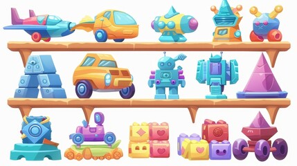 Wall Mural - A set of cartoon elements with a cute car, plane, robot, blocks, rocket, and pyramid on wood shelves in a store.