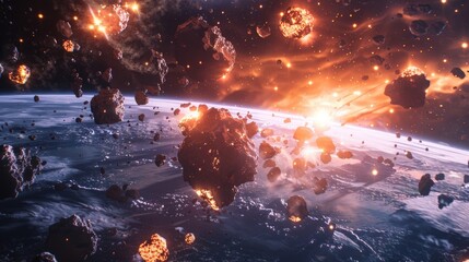 Wall Mural - a chilling scene unfolds as a group of blazing asteroids hurtles towards earth from the depths of sp