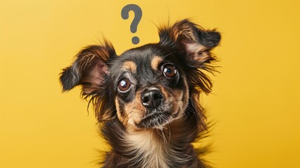 Cute confused little dog with question marks isolated on yellow background