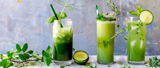 Wall Mural - Three green refreshing energy drinks with cucumber slices, grungy background