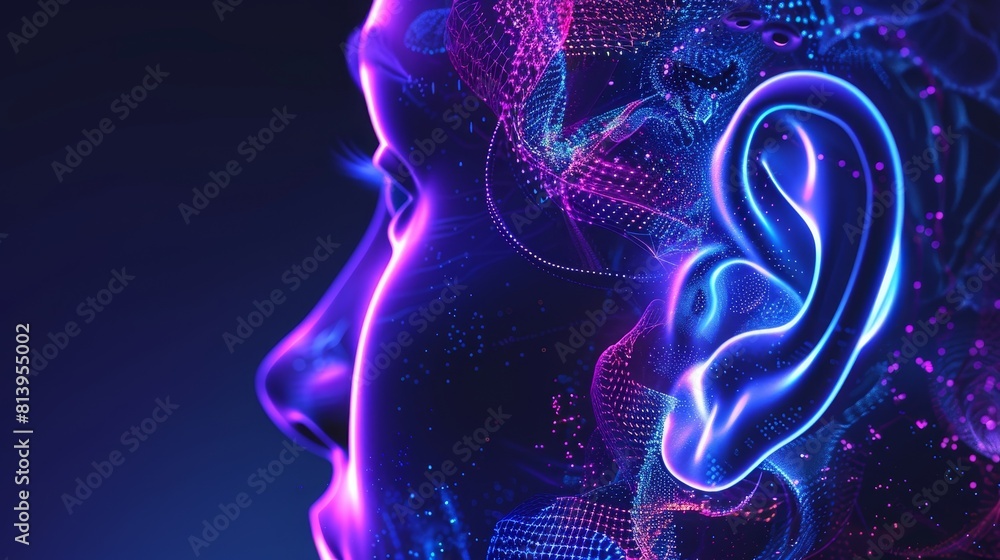 Futuristic digital art of a human profile highlighting the ear and ...
