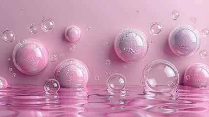 Poster -   Group of bubbles floating on water near pink wall with droplets