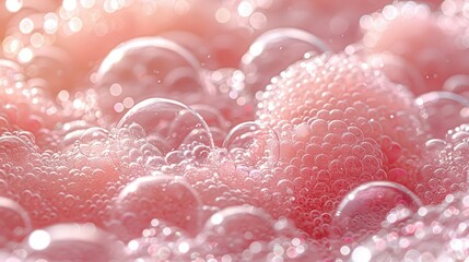 Poster -   A close-up of many bubbles in a pink bowl with water droplets on their surface