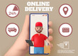 3D delivery icons. Online order in mobile phone. Smartphone screen. Courier logistic application. Deliveryman holding box in hands. Service advertising. Vector express shipment banner