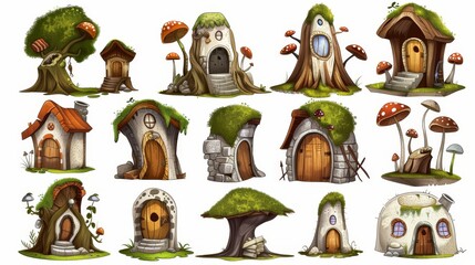 Wall Mural - This cartoon set of fairytale gnome houses is isolated on white background. It features a wooden door, porch, a window, mushrooms, moss on the roof.
