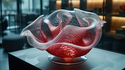 Wall Mural -   A red glass vase sits atop a table in front of a black one, with another glass vase positioned on top of it