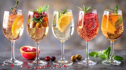 Wall Mural -   A set of wine glasses holding various beverages and adorned with herbs and fruits on a table