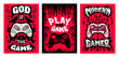 Game posters. Video gamer control slogan. Boy joystick trendy print or kids sport doodle tee. Red fire or dripping blood. Gaming controller. Grunge drawing. Vector cartoon banners set