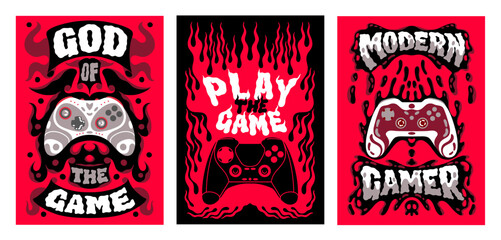 Wall Mural - Game posters. Video gamer control slogan. Boy joystick trendy print or kids sport doodle tee. Red fire or dripping blood. Gaming controller. Grunge drawing. Vector cartoon banners set