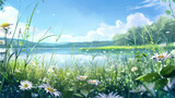 Fototapeta Psy - Summer landscape with white daisies near the river in clear weather