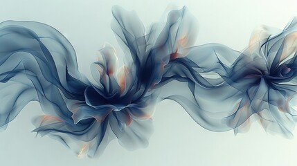 Poster -   Painting of blue and orange flowers on white background, with a blurred flower on the right side