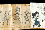 Fototapeta Psy - Children's drawings of girls on crumpled paper