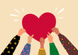 Hands hold heart. Community empathy and charity symbol, love and support poster, compassion, people help. Donation label, sharing love, helping others. Vector design cartoon flat illustration