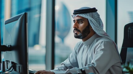 Sticker - Trader of Middle Eastern Financial Securities using a desktop computer in a modern office. Arab Bookkeeper accounting for a business's finances