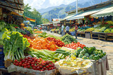 Fototapeta Storczyk - Vegetables and fruits on the stalls of the fair in the mountainous area on a sunny day