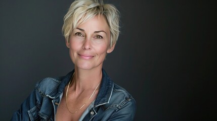 Wall Mural - Portrait of beautiful 55s years old modern blonde woman with short haircut in denim jacket on dark background