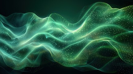 Wall Mural -  Image of green and white wave lines on black background with text space