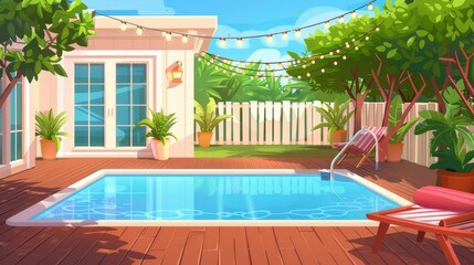 Wall Mural - A house porch and swimming pool in the backyard. A modern cartoon illustration of a summer villa's glass door on a wooden patio, a poolside garden with green trees and grass, a white fence, garland