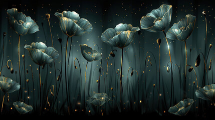 Wall Mural -   Dark green backdrop, gold flecks adorning flower petals