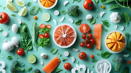 illustration flat lay of table full of papercut in healthy food choices, for effective nutrition advice, minimalist style.