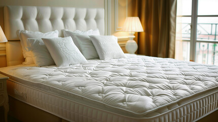 Sticker - Luxurious white bed with elegant headboard and plush bedding in a stylish bedroom setting.