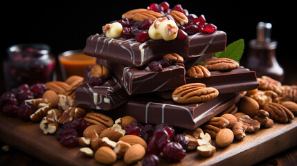 Delicious Chocolates And Nuts on Table With Candles on Dark Blurry Colorful Background