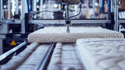 Sticker - Close-up view of an automated machine inspecting mattresses on an assembly line in a factory.