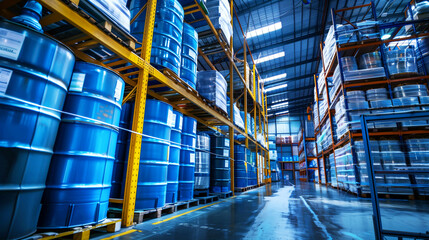 Canvas Print - Interior of a large industrial warehouse with metallic blue barrels and aluminum goods stored on racks.