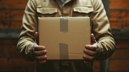 Sticker - Close-up of a person in a brown jacket holding a cardboard box against a wooden background.