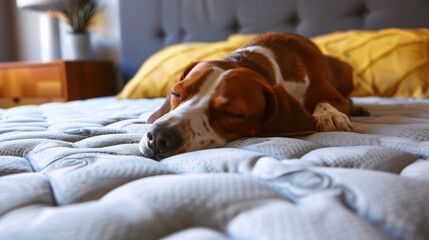 Canvas Print - A peaceful beagle dog sleeps on a textured white bedspread in a cozy room with warm tones.