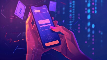 Hand of Person using a mobile banking app to transfer money securely, illustrator style, focus on the smartphone screen