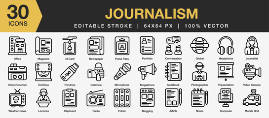 set of 30 journalism icon set. editable stroke icon collection. includes magazine, id card, intervie