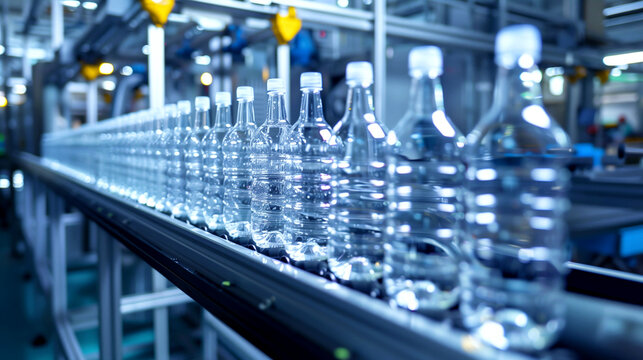 Clear plastic bottles travel along a modern assembly line in an industrial bottling plant.