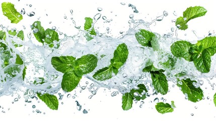 Wall Mural - Vibrant image of fresh mint leaves splashing in crystal clear water, capturing dynamic movement and splashes.