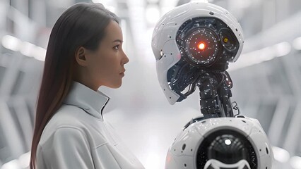 Poster - A woman standing alongside a robot in a modern room.