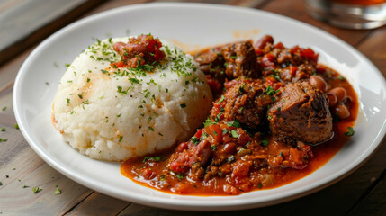 Wall Mural - Traditional kenyan meal with delicious beef stew, creamy white ugali, and fresh herbs on a rustic wooden table