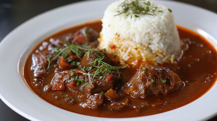 Wall Mural - Aromatic kenyan beef stew served with steamed white rice, garnished with fresh herbs on a white plate, ready to enjoy
