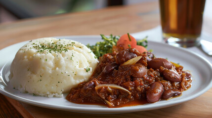 Authentic kenyan plate featuring rich bean stew, smooth ugali, and fresh vegetables, served in a cozy dining setup