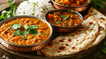 Wall Mural - Traditional Indian cuisine with chickpea curry, basmati rice, and fresh naan bread garnished with cilantro.