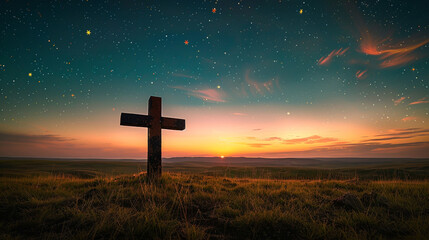 a christian cross on a grassy plain at sunrise, with a sky transitioning from night to day, stars fa